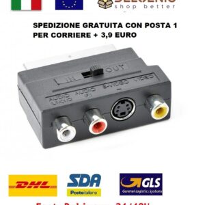 Adattatore SCART maschio audio RCA S-VIDEO svhs femmina in out per presa cavo tv