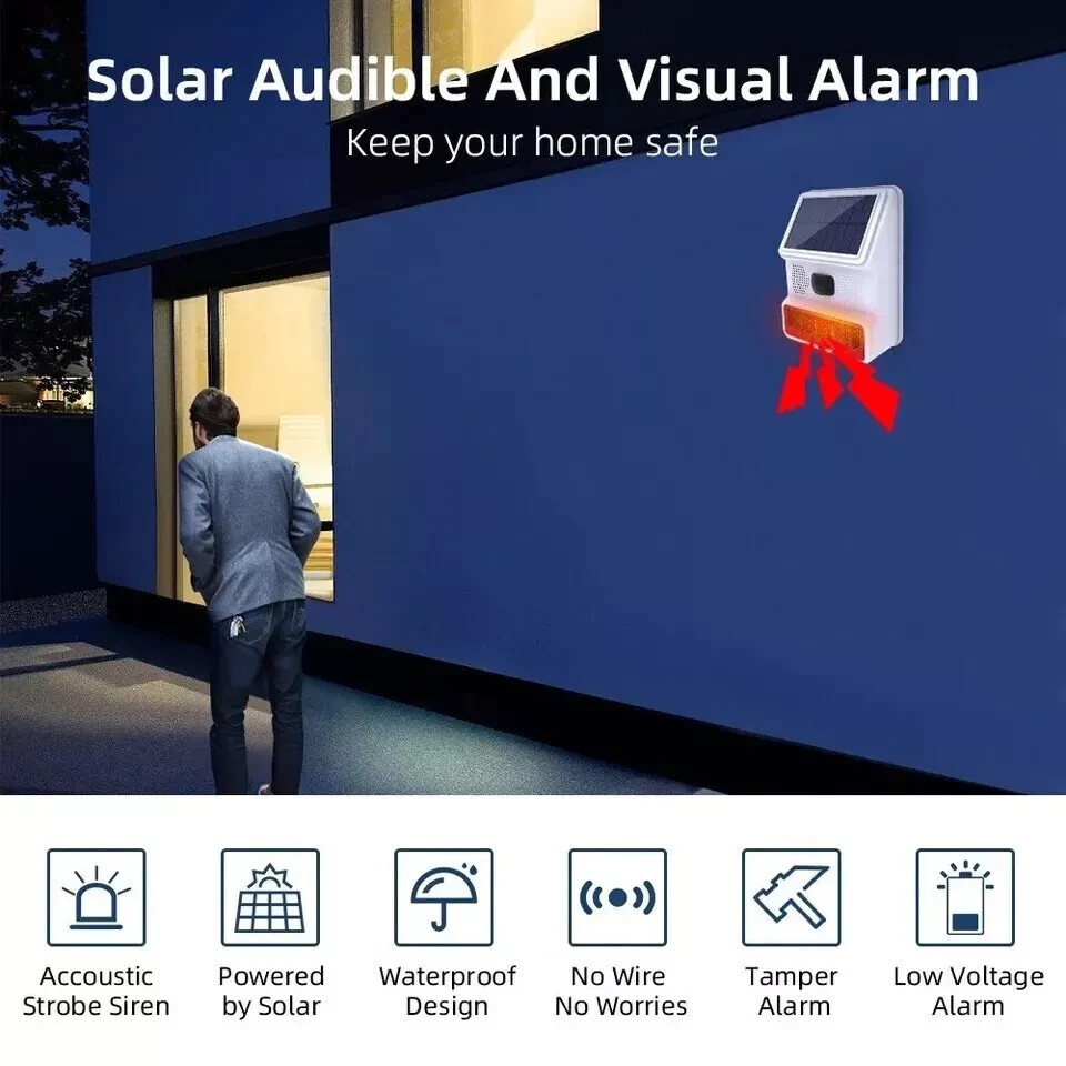 Allarme Sirena Antifurto di Sicurezza PIR per Esterno con Pannello Solare 110dB - immagine 3