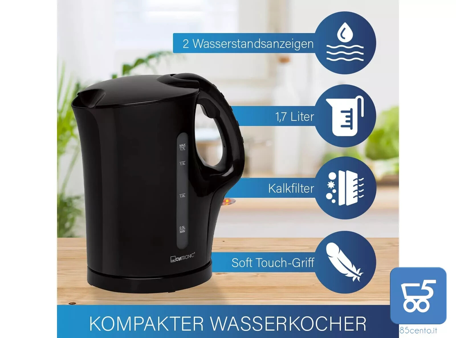 Bollitore 1.7 lt 200W Acciaio inossidabile Clatronic WK 3445 220V Nero B&B AIR - immagine 2